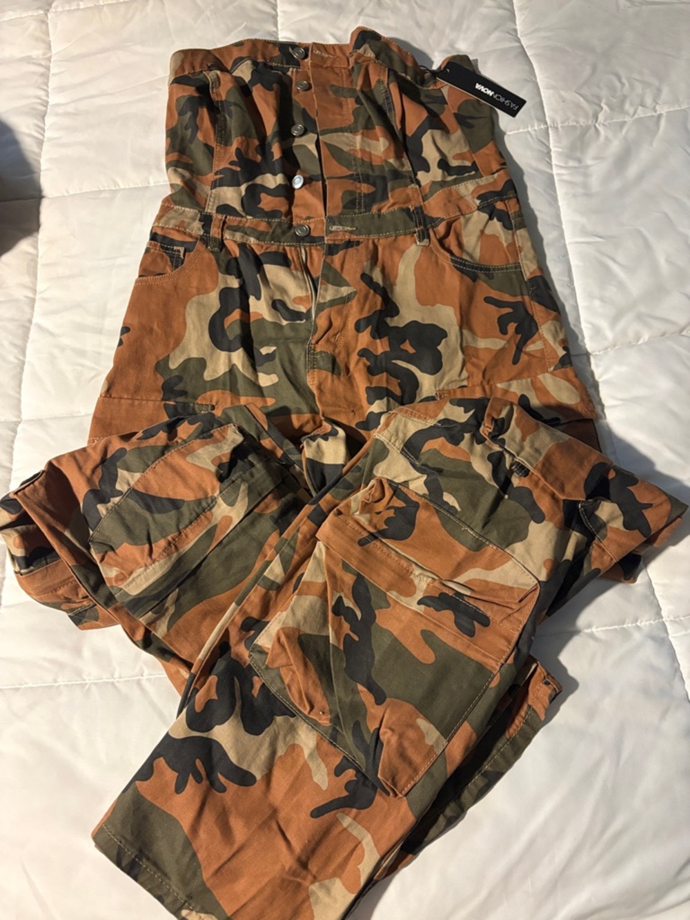 Fashion Nova Women's Camo Utility Jumpsuit - Olive/Brown